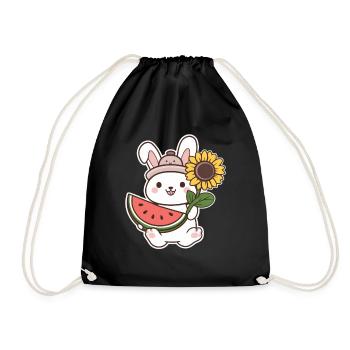 Kawaii Hase mit Sonnenblume und Wassermelone - Turnbeutel - Schwarz - Vorne