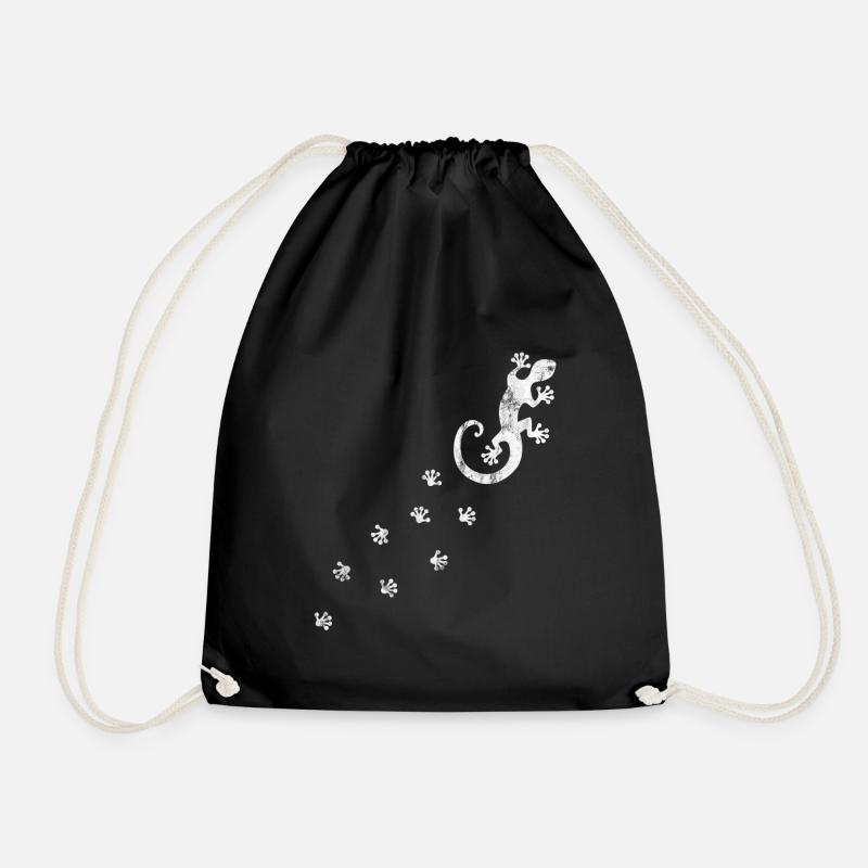 Gecko with hibiscus, taps, feet, footprint animals - Drawstring Bag - black