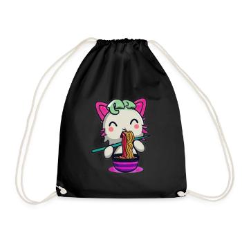 Axolotl cat eats ramen noodles - Drawstring Bag - black - Front