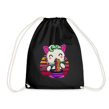 Axolotl cat eats ramen noodles - Drawstring Bag - black - Front