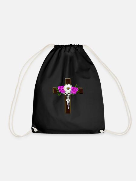 Jesus Cross Flowers - Drawstring Bag - black