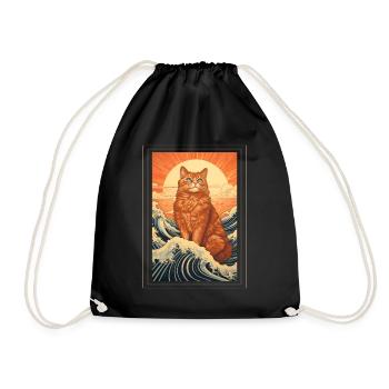 Cat Sun Waves Sea Vintage Retro Tarot Art - Drawstring Bag - black - Front