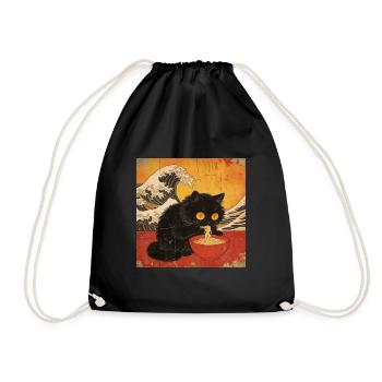 Japan Cat Ramen Noodles Retro Wave Pattern - Drawstring Bag - black - Front