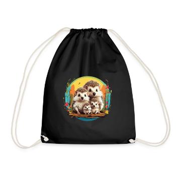 Adorable Little Hedgehog Family Family Ribbon - Drawstring Bag - black - Front