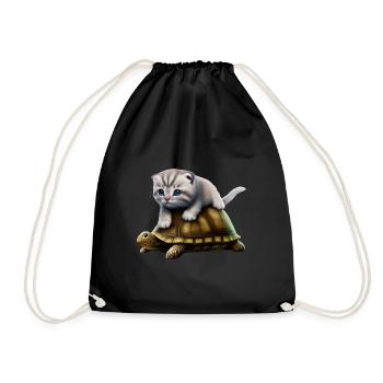 Cat on turtle - Drawstring Bag - black - Front
