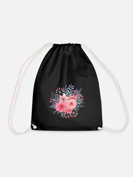 Floral pink bouquet - Rose flowers watercolor - Drawstring Bag - black