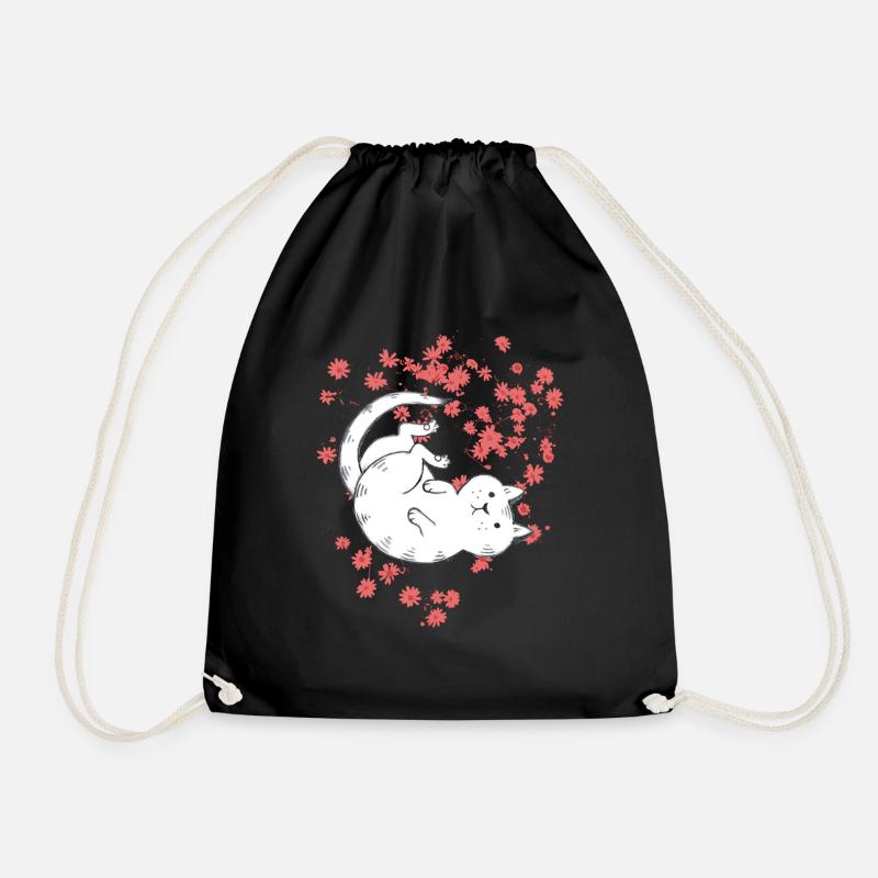 Cat with red flowers - Drawstring Bag - black
