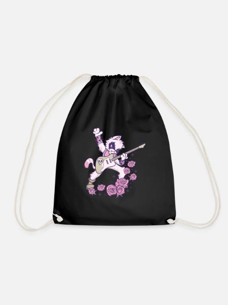 Pastel Goth Kawaii Heavy Metal Cat Guitar Goth - Drawstring Bag - black