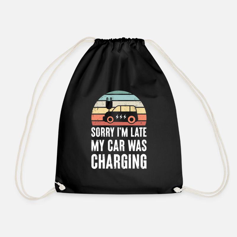 Funny EV Car Electric Vehicle Retro Sunset Gift - Drawstring Bag - black