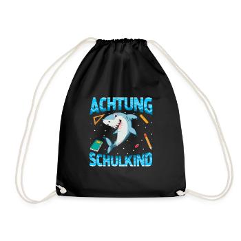 Einschulung Achtung Schulkind Geschenk Hai - Turnbeutel - Schwarz - Vorne