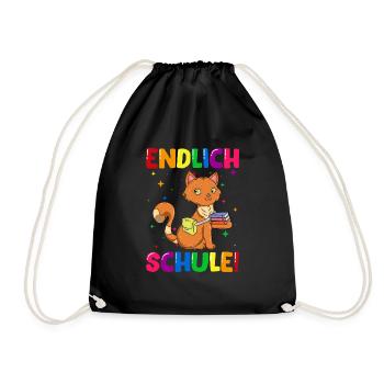 Endlich Schule Katze Einschulung Schulkind - Turnbeutel - Schwarz - Vorne