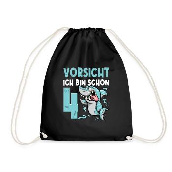 Vorsicht ich bin schon 4. Kindergeburtstag Hai - Turnbeutel - Schwarz - Vorne