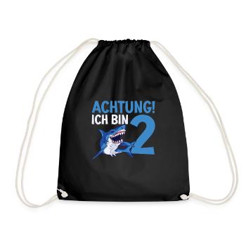 Achtung ich bin 2. Kindergeburtstag Hai - Turnbeutel - Schwarz - Vorne