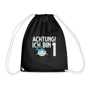 Achtung ich bin 1. Kindergeburtstag Hai - Turnbeutel - Schwarz - Vorne