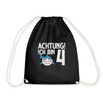 Achtung ich bin 4. Kindergeburtstag Hai - Turnbeutel - Schwarz - Vorne