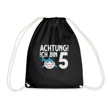Achtung ich bin 5. Kindergeburtstag Hai - Turnbeutel - Schwarz - Vorne