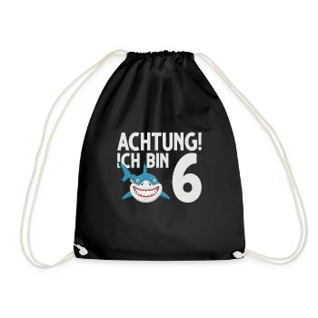 Achtung ich bin 6. Kindergeburtstag Hai - Turnbeutel - Schwarz - Vorne