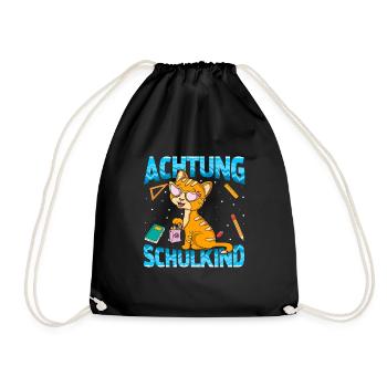 Einschulung Achtung Schulkind Geschenk Kätzchen - Turnbeutel - Schwarz - Vorne