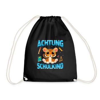 Einschulung Achtung Schulkind Geschenk Tiger - Turnbeutel - Schwarz - Vorne