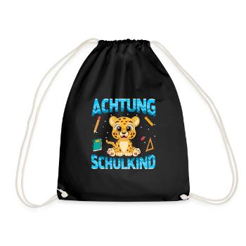 Einschulung Achtung Schulkind Geschenk Leopard - Turnbeutel - Schwarz - Vorne