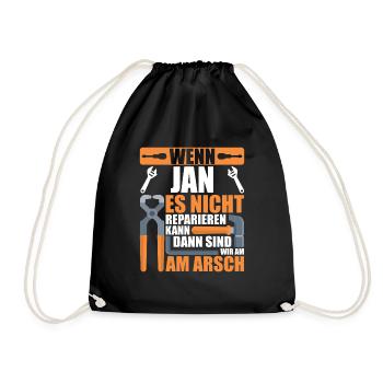 Vorname Jan Name Geburtstag Geschenk - Turnbeutel - Schwarz - Vorne