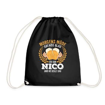 Nico Vorname Name Geburtstag Bier saufen - Turnbeutel - Schwarz - Vorne