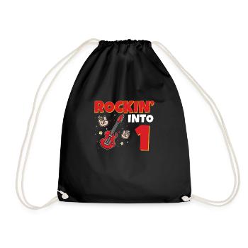 Rockin Into 1 star Guitar 1 Year Old 1st Birthday - Drawstring Bag - black - Front