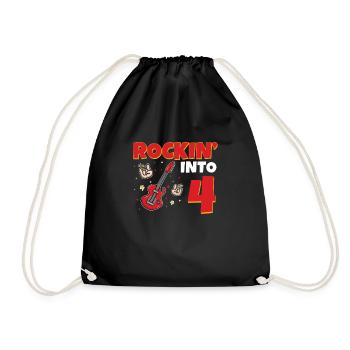 Rockin Into 4 star Guitar 4 Year Old 4th Birthday - Drawstring Bag - black - Front
