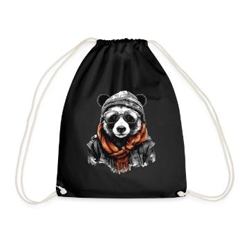 Cool Panda with Glasses & Hat Panda Bear T-Shirt - Drawstring Bag - black - Front