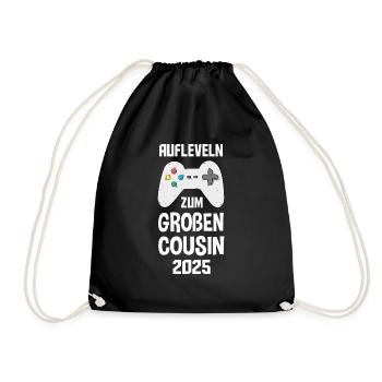 Großer Cousin 2025 Geschenk Gamer aufleveln - Turnbeutel - Schwarz - Vorne