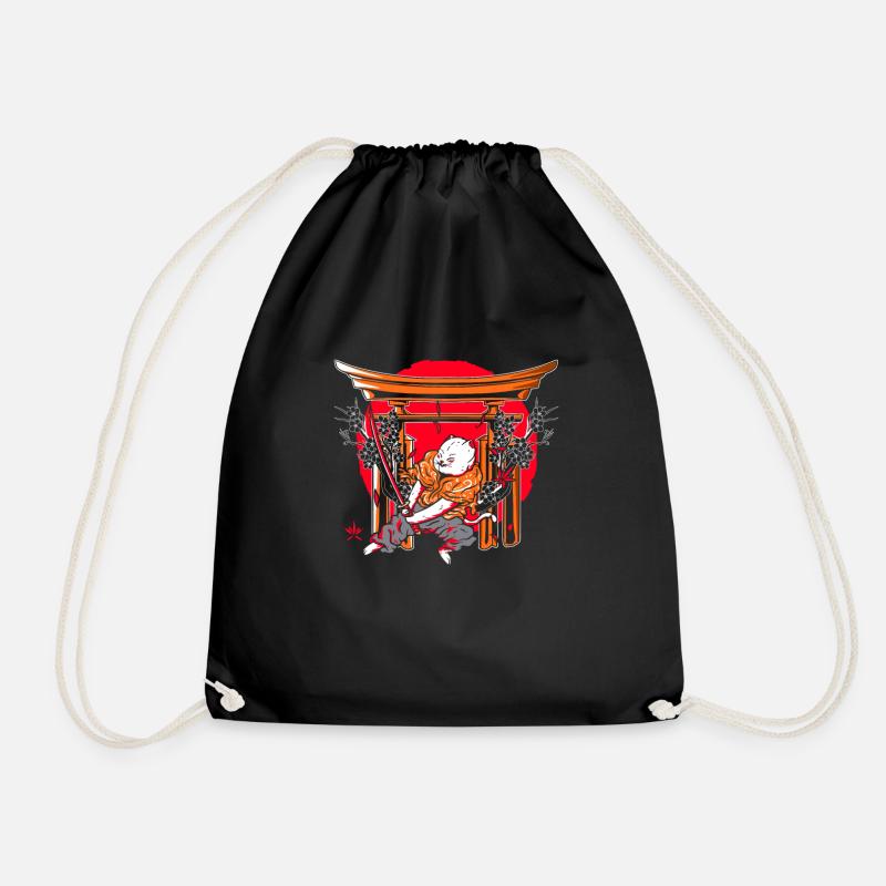 Kanji Japan Katana Ninja Cat Samurai - Drawstring Bag - black