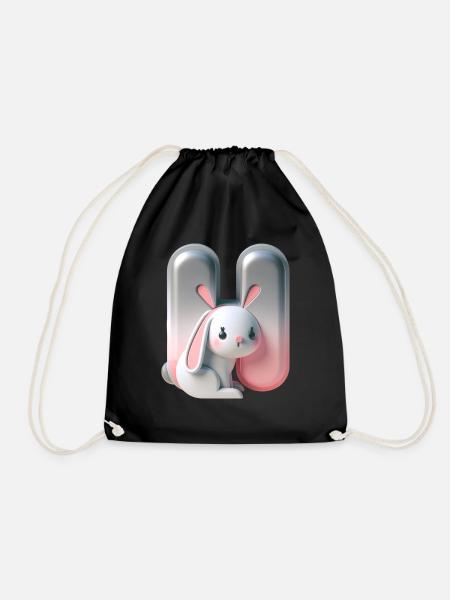 Cute bunny next to the letter H - Drawstring Bag - black