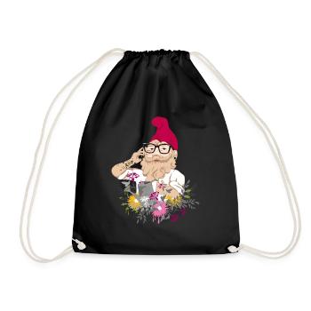 Hipster garden gnome with mobile phone and watering can - Drawstring Bag - black - Front