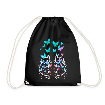 80s Retro Cat Vintage Spring Butterflies - Drawstring Bag - black - Front
