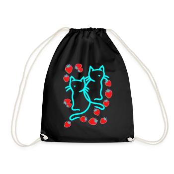 80er 90er Katzen Katze Erdbeeren Sommer Vintage - Turnbeutel - Schwarz - Vorne