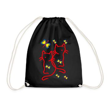 80s 90s Cats Kids Child - Drawstring Bag - black - Front
