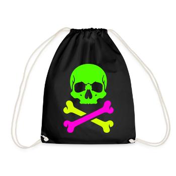 Neon Schädel Gekreuzte Knochen Bunter Pirat Skull - Turnbeutel - Schwarz - Vorne