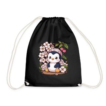 Cartoon Kawaii Pinguin mit Kirschen - Turnbeutel - Schwarz - Vorne