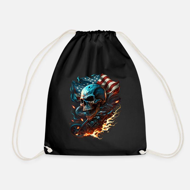 Skull on the American flag, fiery motorcycle. - Drawstring Bag - black