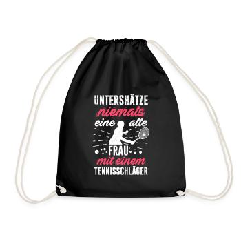 Tennis Damen Geschenk alte Frau mit Tennisschläger - Turnbeutel - Schwarz - Vorne