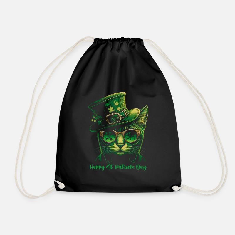 Happy St. Patrick's Day Green Irish Cat - Drawstring Bag - black