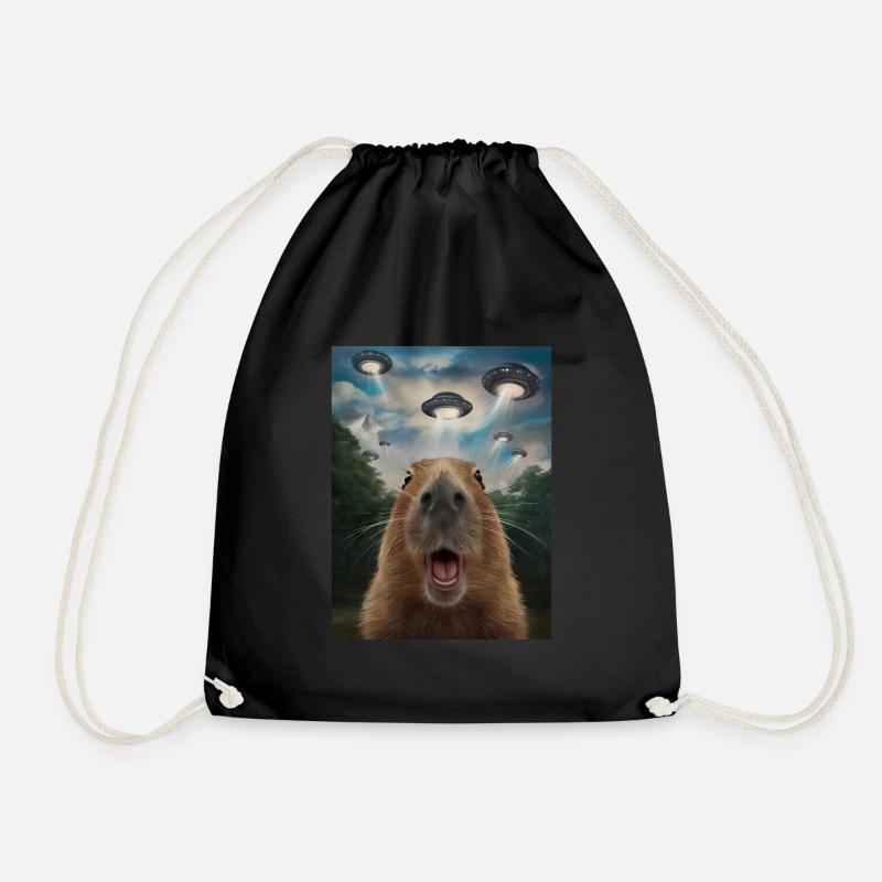 Capybara Selfie Ufo Funny Animals Pictures - Drawstring Bag - black