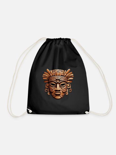 Kunstvolle geschnitzte Azteken, Maya, Inka Maske - Turnbeutel - Schwarz