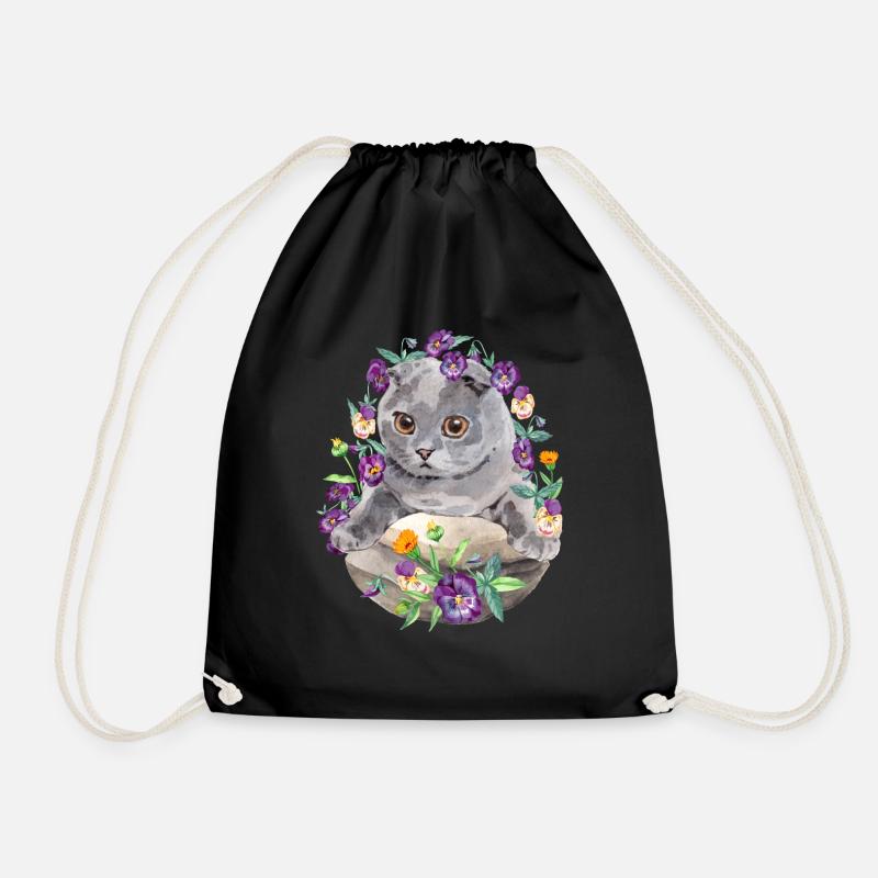 Scotish Fold Katze mit Blumen - Aquarell - Turnbeutel - Schwarz