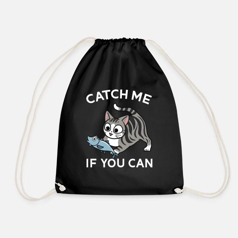 Cute tabby cat with a fish - Drawstring Bag - black