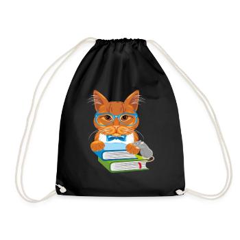 Kluge Ingwerkatze mit Büchern und lustiger Maus - Turnbeutel - Schwarz - Vorne