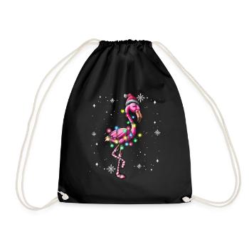 Cute Pink Flamingo Christmas Tree Lights Wrapped - Drawstring Bag - black - Front