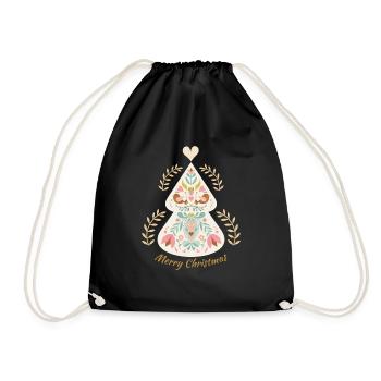 Folk Art Inspired Christmas Tree Illustration - Drawstring Bag - black - Front