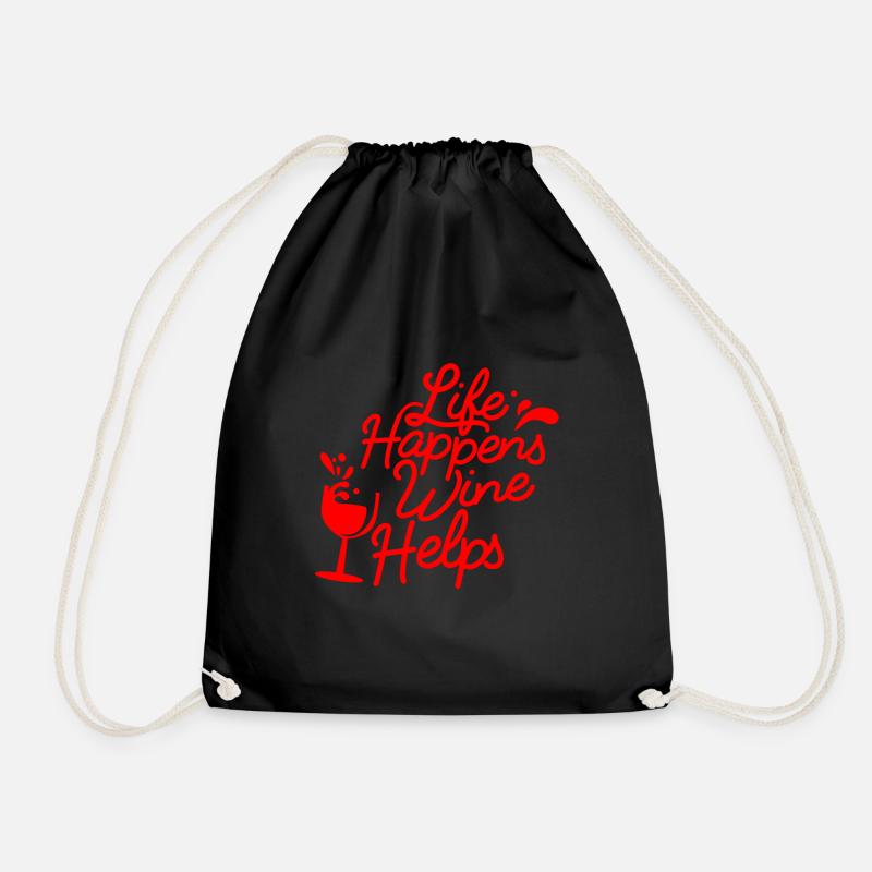 Life happens Wine helps - red - Drawstring Bag - black