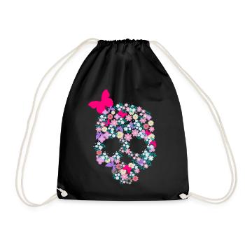 Skulline skull skull with flower butterfly - Drawstring Bag - black - Front